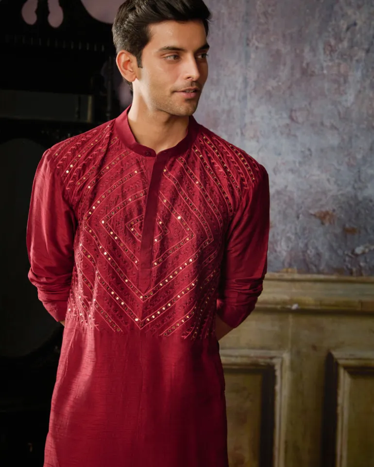 Maroon Thread And Mirror Embroidered Kurta With Maroon Pants