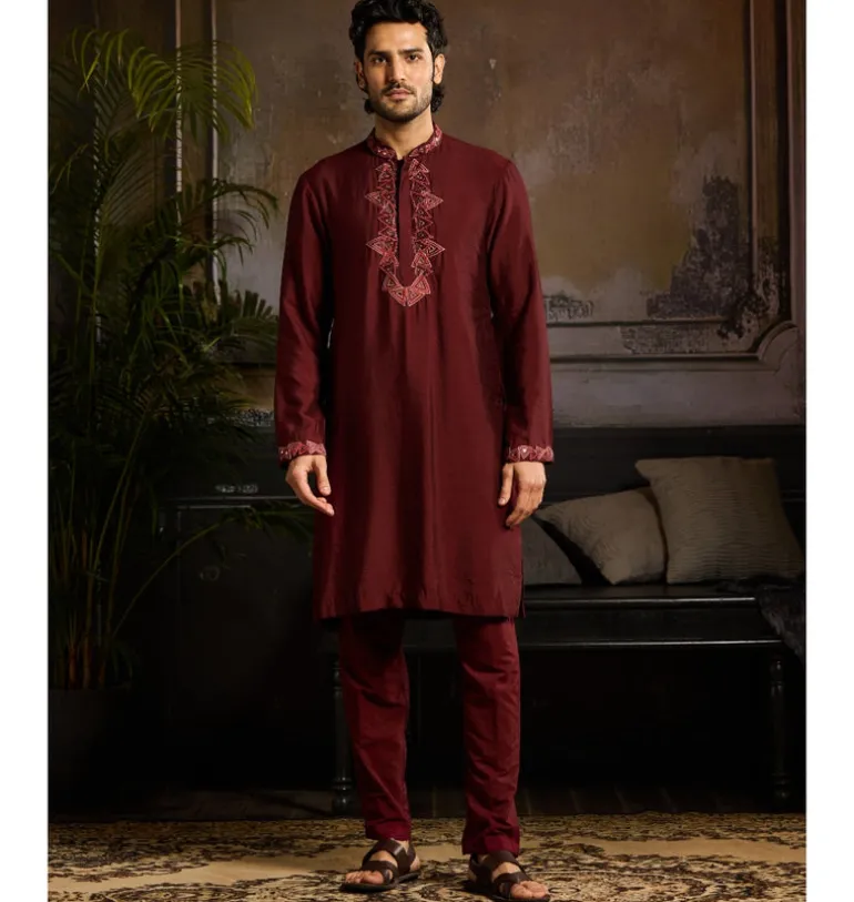 Maroon Tone On Tone Trianglemotifs Embroidered Kurta Paired With Maroon Pants