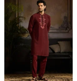 Maroon Tone On Tone Trianglemotifs Embroidered Kurta Paired With Maroon Pants