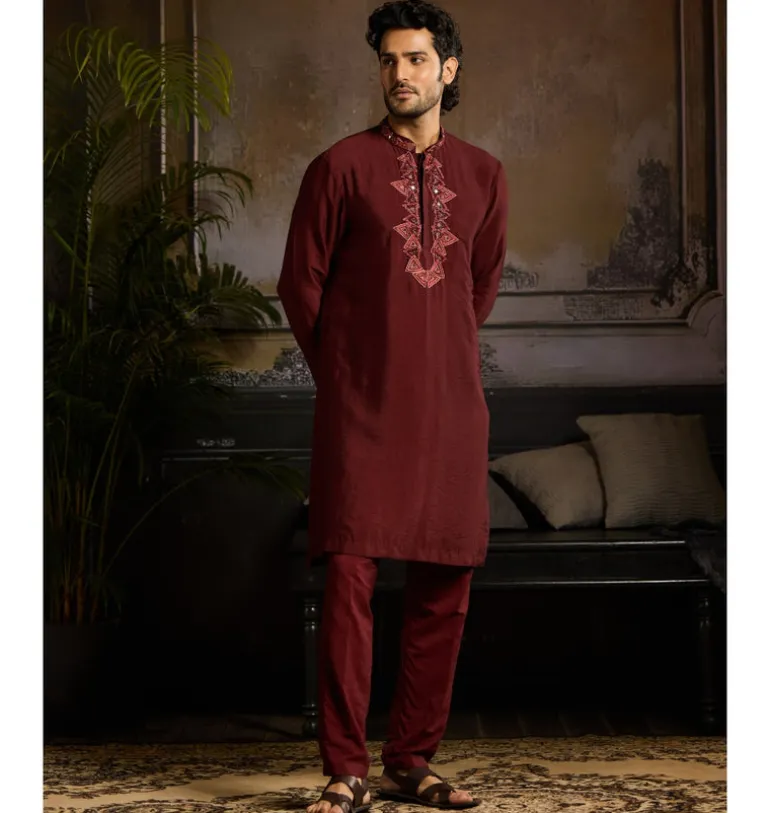 Maroon Tone On Tone Trianglemotifs Embroidered Kurta Paired With Maroon Pants