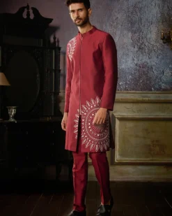 Maroon With Ivory Circle Thikri Embroidered Jacket With Maroon Pants