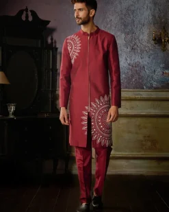 Maroon With Ivory Circle Thikri Embroidered Jacket With Maroon Pants
