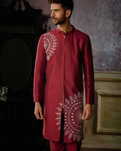 Maroon With Ivory Circle Thikri Embroidered Jacket With Maroon Pants