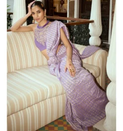 Mauve Embroidered Woven Monga Silk Sari Set