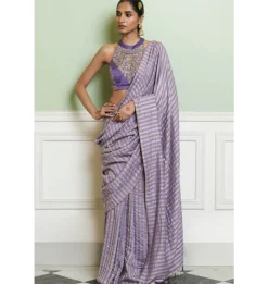 Mauve Embroidered Woven Monga Silk Sari Set