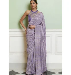 Mauve Embroidered Woven Monga Silk Sari Set