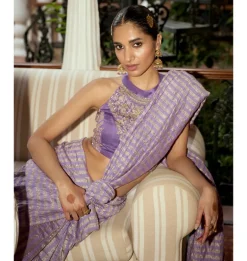 Mauve Embroidered Woven Monga Silk Sari Set