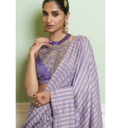 Mauve Embroidered Woven Monga Silk Sari Set
