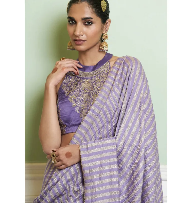 Mauve Embroidered Woven Monga Silk Sari Set