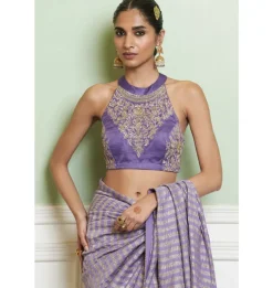 Mauve Embroidered Woven Monga Silk Sari Set