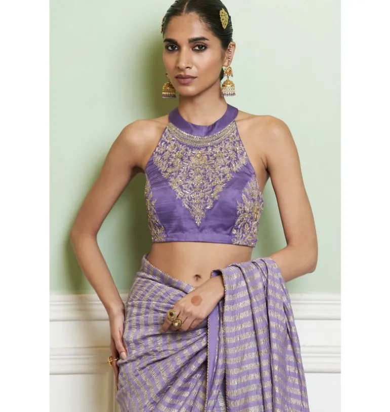 Mauve Embroidered Woven Monga Silk Sari Set