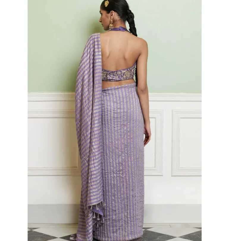 Mauve Embroidered Woven Monga Silk Sari Set