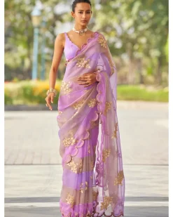 Mauve Multicolor Flower Sari Set