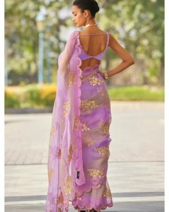 Mauve Multicolor Flower Sari Set