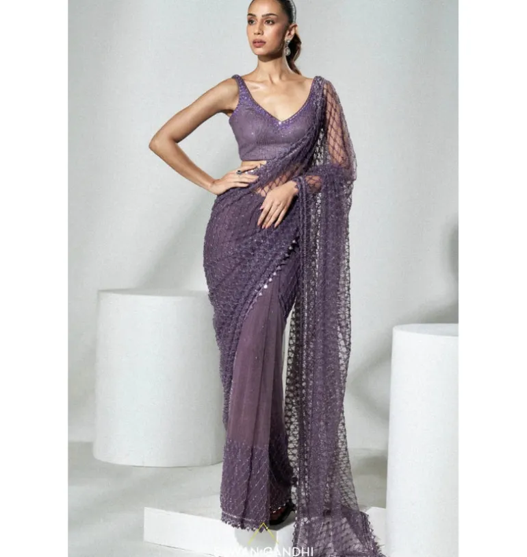 Mauve Net Cutdana Sari Set