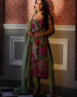 Mehndi Green Floral Kurti Set