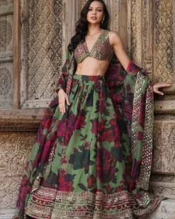 Mehndi Green Floral Lehenga Set