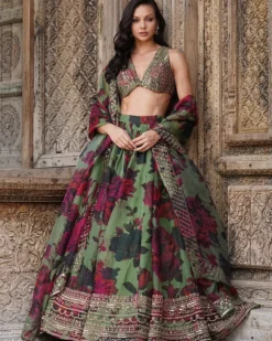 Mehndi Green Floral Lehenga Set