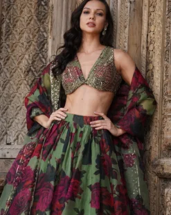 Mehndi Green Floral Lehenga Set
