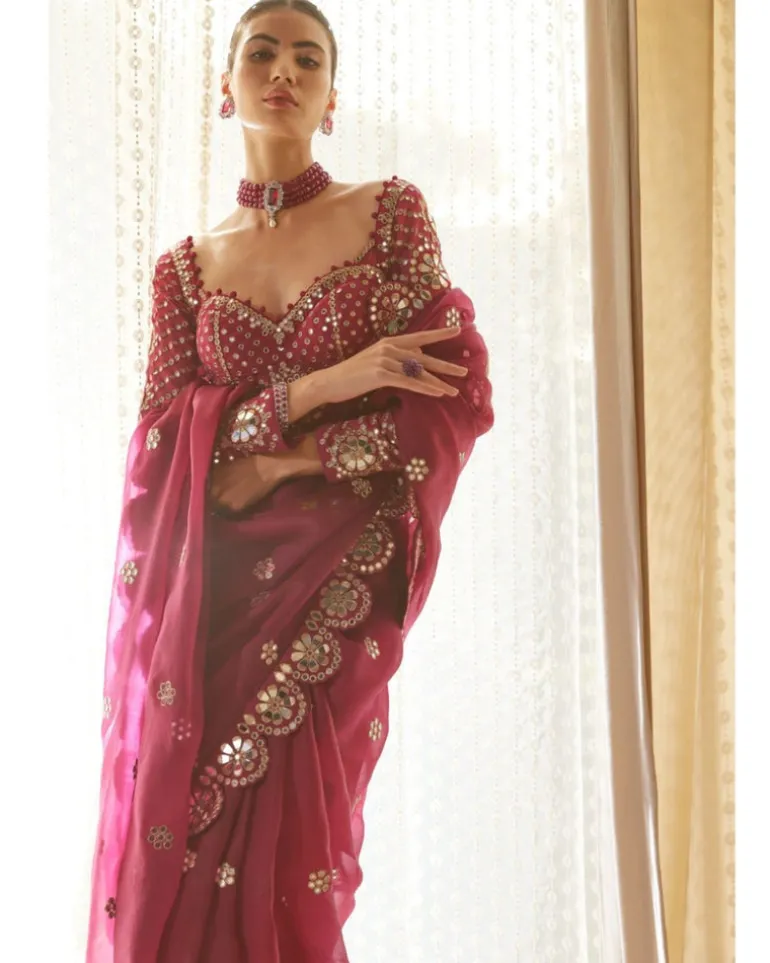 Mellow Wine Mirror Scallop Sari Set