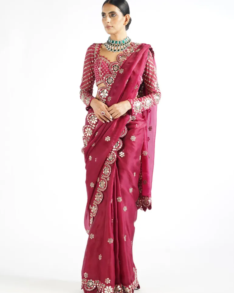 Mellow Wine Mirror Scallop Sari Set
