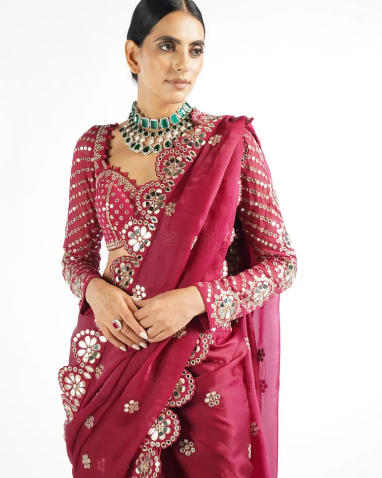 Mellow Wine Mirror Scallop Sari Set