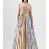 Metallic Fluted Tulle Printed Skirt And Top With Two Drapes Set