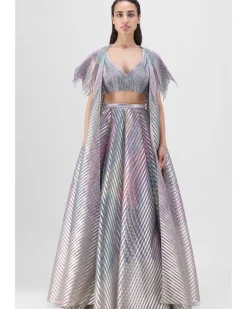Metallic Fluted Tulle Printed Cape And Skirt Set