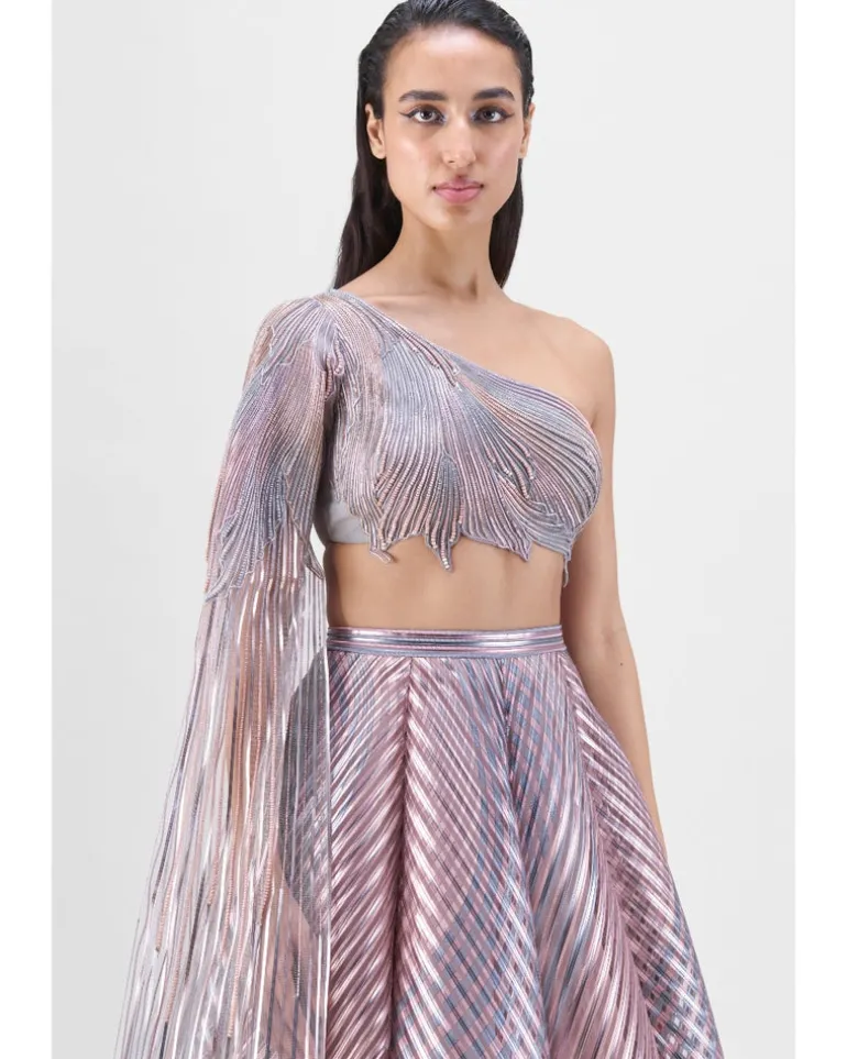 Metallic Fluted Tulle Printed Skirt And Beaded Top Set
