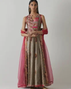Metallic Grey & Fuchsia Anarkali Set
