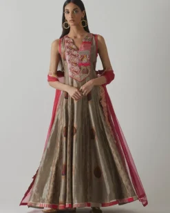 Metallic Grey & Fuchsia Anarkali Set