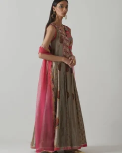 Metallic Grey & Fuchsia Anarkali Set