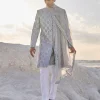 Metallic Grey Mirror Work Sherwani Set