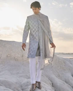 Metallic Grey Mirror Work Sherwani Set