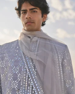 Metallic Grey Mirror Work Sherwani Set