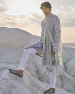 Metallic Grey Mirror Work Sherwani Set