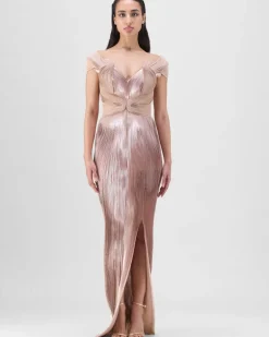 Metallic Micro Pleated Serrated Gown