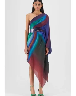 Metallic One Shoulder Watercolor Dress