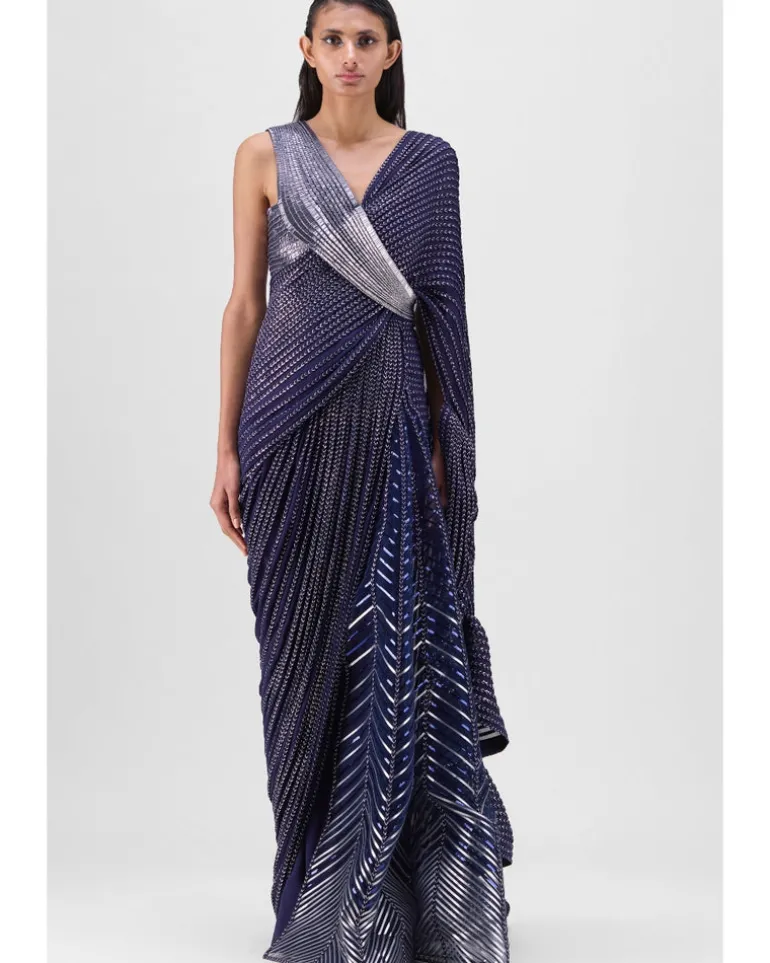 Metallic Structured Gown With Ruffle Braided Drape Set