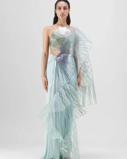 Metallic Winged Ruffle Sari Set