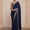 Midnight Blue And Gold Star Butti Sari Set