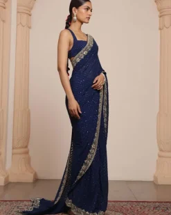 Midnight Blue And Gold Star Butti Sari Set