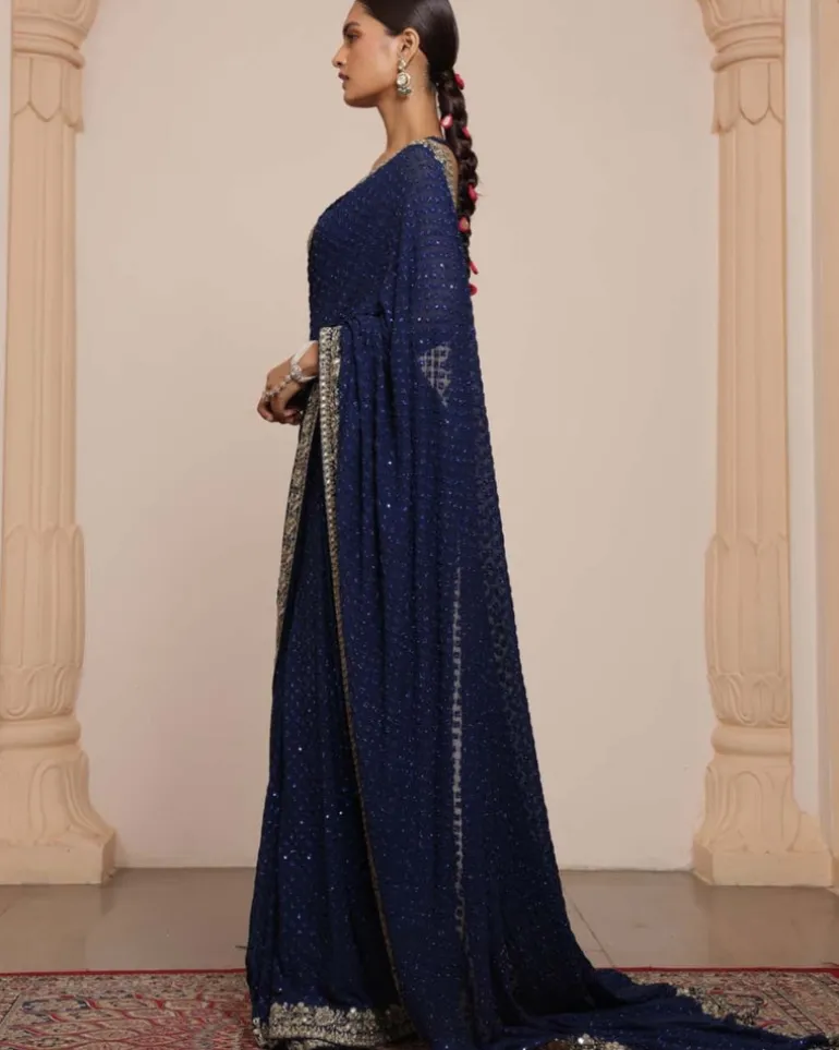 Midnight Blue And Gold Star Butti Sari Set