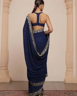 Midnight Blue And Gold Star Butti Sari Set