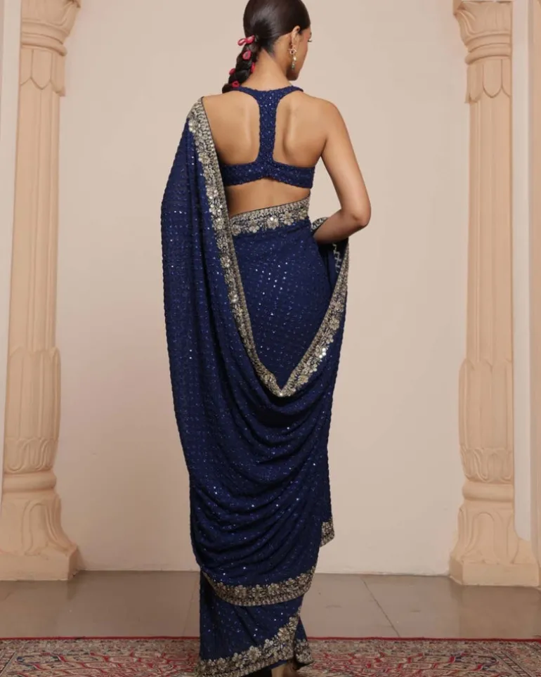 Midnight Blue And Gold Star Butti Sari Set
