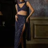 Midnight Blue Fully Embroidered Crop Top And Slit Skirt Trail Skirt With Choker Dupatta