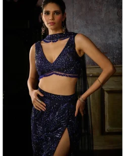 Midnight Blue Fully Embroidered Crop Top And Slit Skirt Trail Skirt With Choker Dupatta