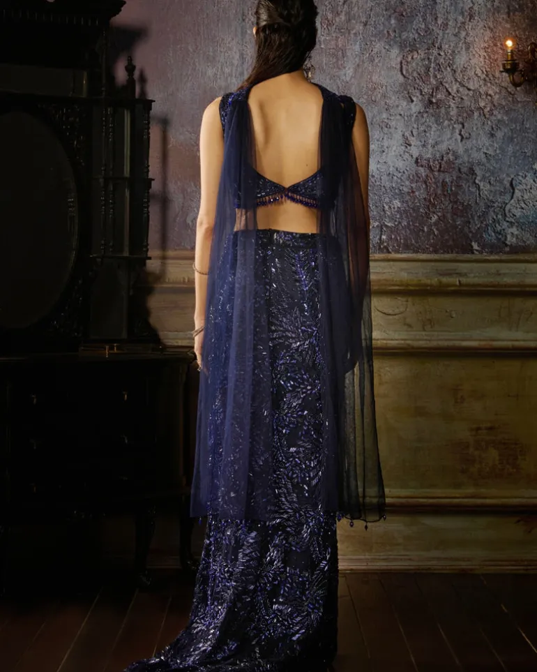 Midnight Blue Fully Embroidered Crop Top And Slit Skirt Trail Skirt With Choker Dupatta