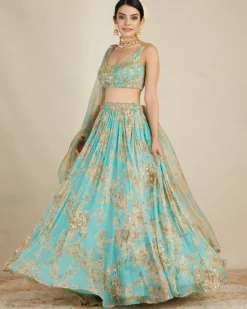 Mint Chiffon Floral Lehenga Set