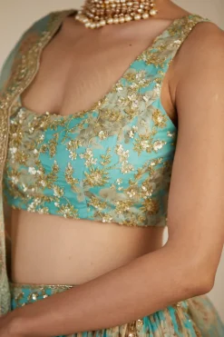 Mint Chiffon Floral Lehenga Set